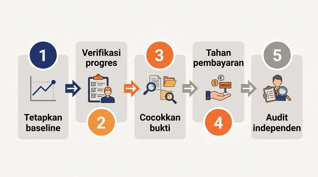 Infografik lima tahap pengendalian proyek dari penetapan rencana hingga audit independen