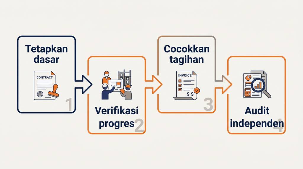 Infografik empat langkah pengendalian proyek: menetapkan dasar, memverifikasi progres, mencocokkan tagihan, dan audit
